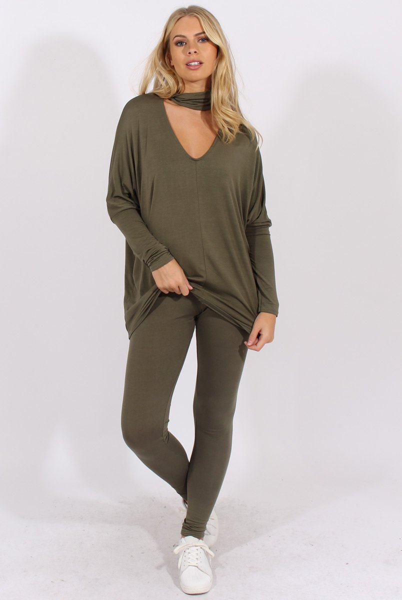 Khaki Batwing High Neck Cut Out Tracksuit - Hetty-Tracksuits