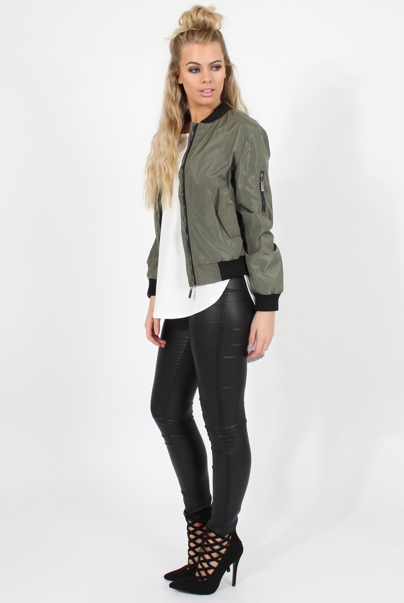 Khaki Black Zip Bomber Jacket - Minah-Jackets