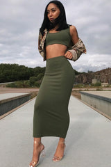 Khaki Bodycon Skirt And Crop Top Co-Ord - Loyola-Co-ords
