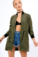 Khaki Bomber Style Long Jacket - Brea-Jackets