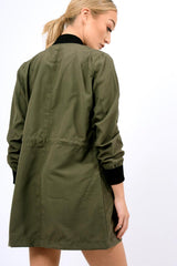 Khaki Bomber Style Long Jacket - Brea-Jackets