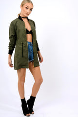 Khaki Bomber Style Long Jacket - Brea-Jackets