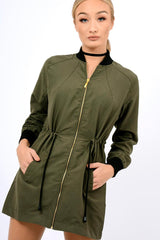 Khaki Bomber Style Long Jacket - Brea-Jackets