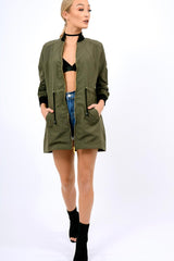 Khaki Bomber Style Long Jacket - Brea-Jackets