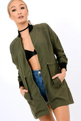 Khaki Bomber Style Long Jacket - Brea-Jackets