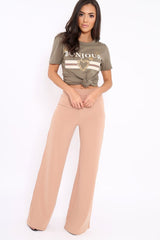 Khaki Bonjour Slogan T-shirt - Elisabeth-Tops