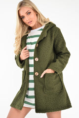 Khaki Borg Button Front Hooded Coat - Idaliz-Coats