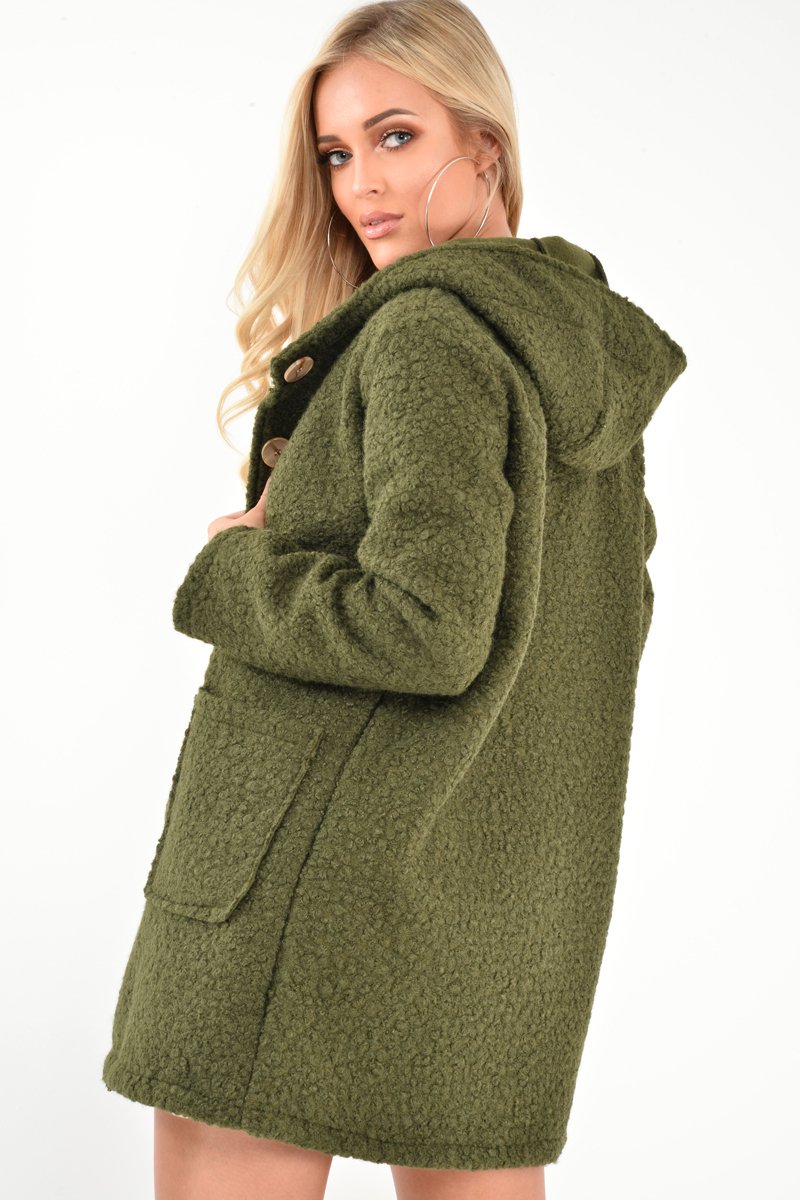 Khaki Borg Button Front Hooded Coat - Idaliz-Coats