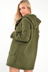 Khaki Borg Button Front Hooded Coat - Idaliz-Coats