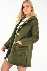 Khaki Borg Button Front Hooded Coat - Idaliz-Coats