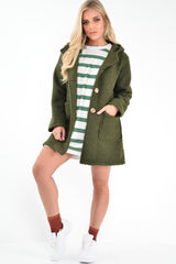 Khaki Borg Button Front Hooded Coat - Idaliz-Coats