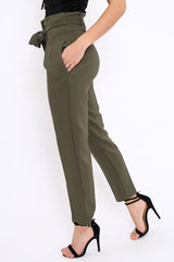 Khaki Bow Belted Tapered Trousers - Miley-Trousers
