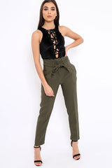 Khaki Bow Belted Tapered Trousers - Miley-Trousers