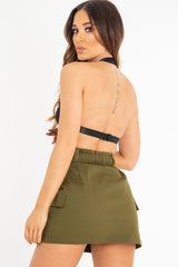 Khaki Buckle Front Woven Utility Mini Skirt - Cally-Skirts