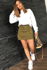 Khaki Buckle Front Woven Utility Mini Skirt - Cally-Skirts