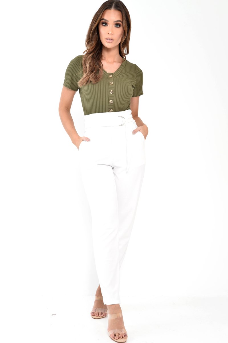 Khaki Button Front Short Sleeved Bodysuit - Danai-Bodysuits