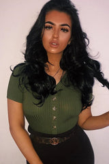 Khaki Button Front Short Sleeved Bodysuit - Danai-Bodysuits