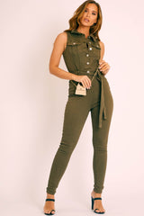 Khaki Button Front Sleeveless Jumpsuit - Faven-Jumpsuits