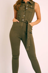 Khaki Button Front Sleeveless Jumpsuit - Faven-Jumpsuits
