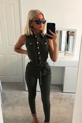 Khaki Button Front Sleeveless Jumpsuit - Faven-Jumpsuits