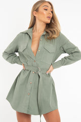 Khaki Button Up Belted Utility Dress - Abia-Dresses