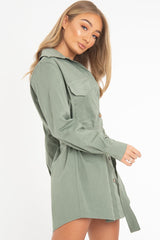 Khaki Button Up Belted Utility Dress - Abia-Dresses