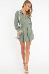 Khaki Button Up Belted Utility Dress - Abia-Dresses