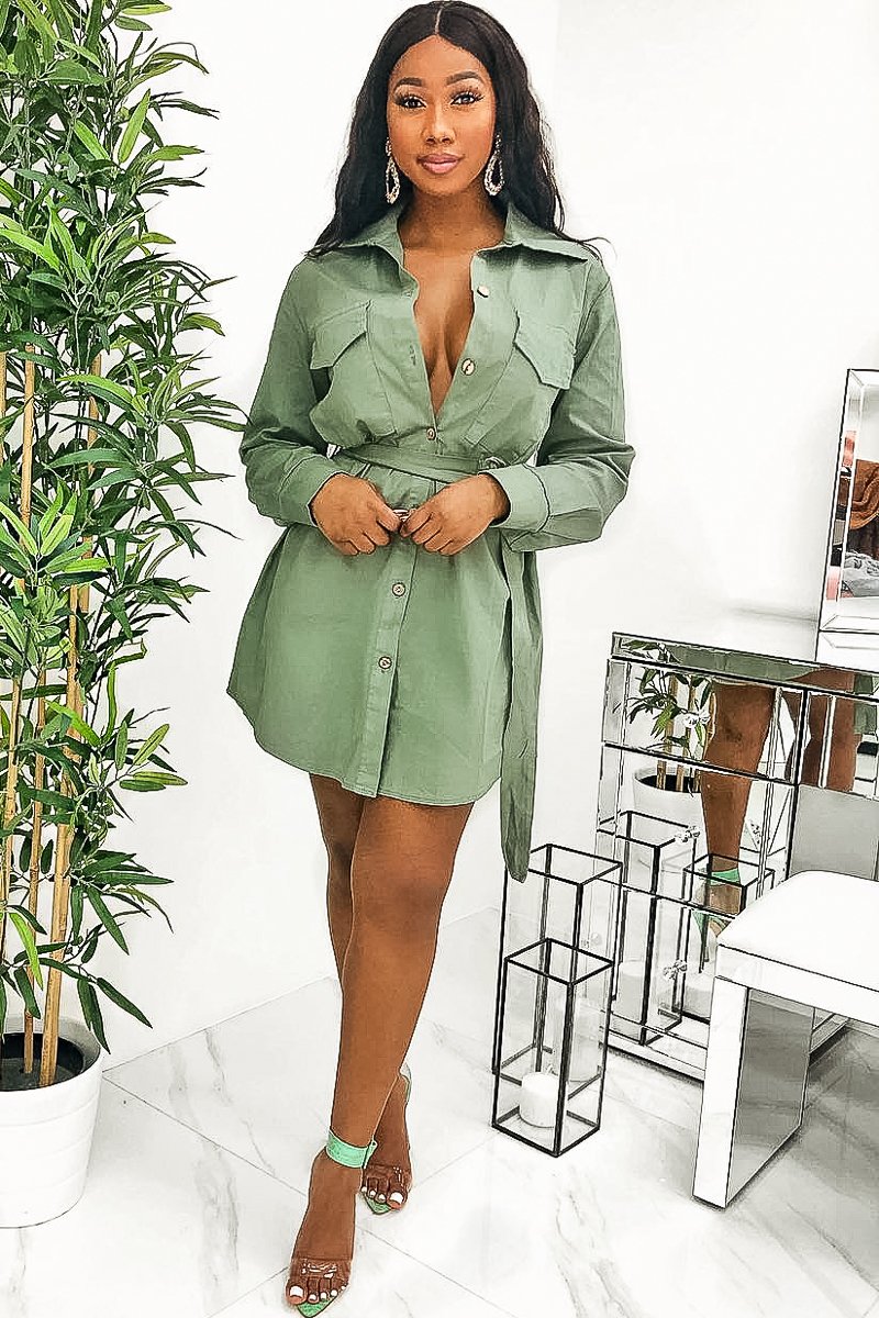 Khaki Button Up Belted Utility Dress - Abia-Dresses