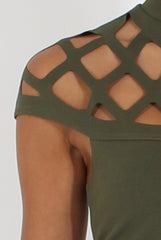 Khaki Cage High Neck Bodycon Dress- Kade-Dresses