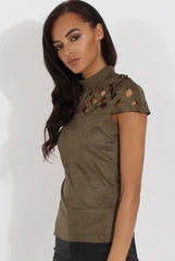 Khaki Cage High Neck Suede Top - Lizzie-Tops