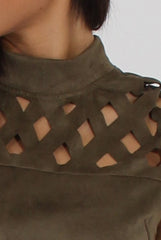Khaki Cage High Neck Suede Top - Lizzie-Tops