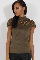 Khaki Cage High Neck Suede Top - Lizzie-Tops