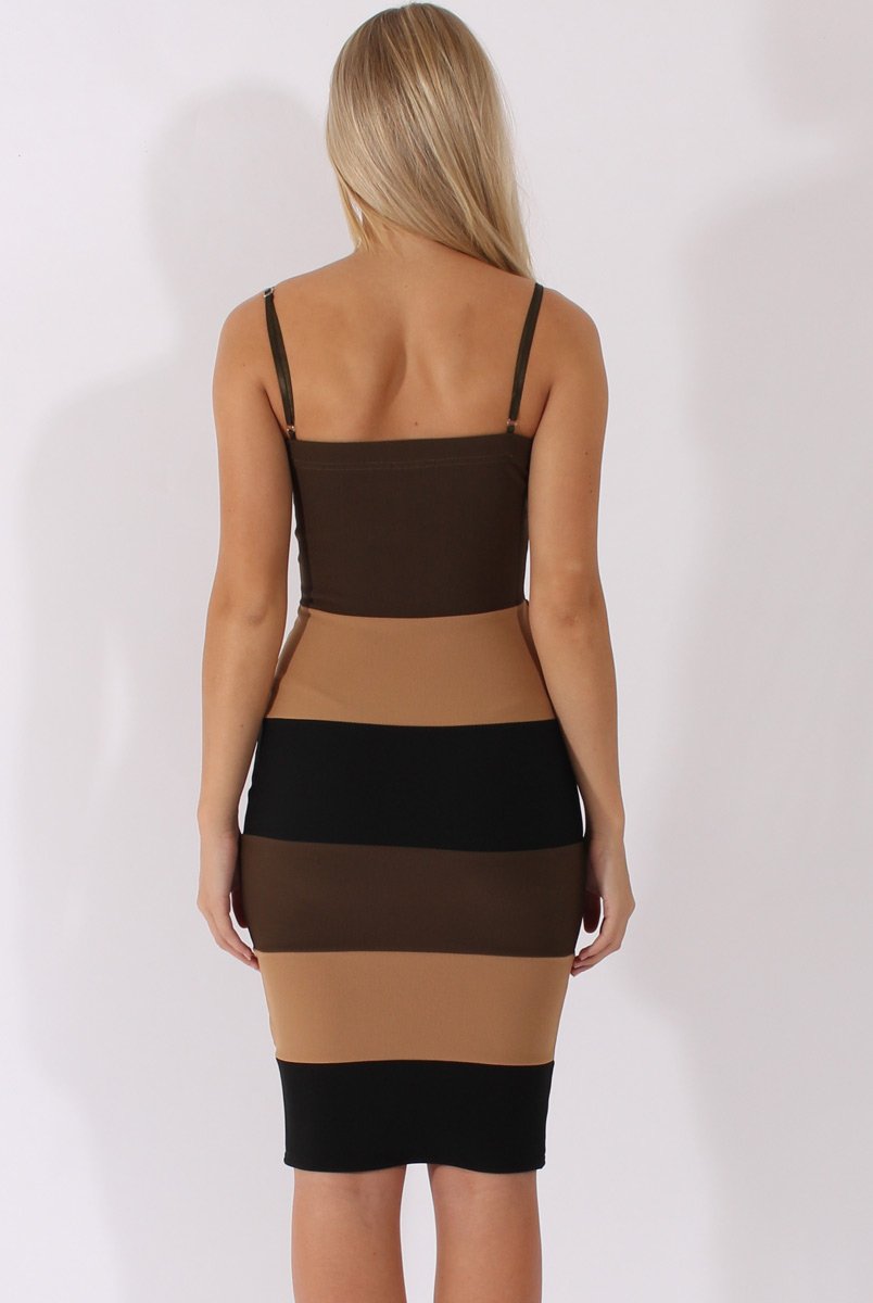 Khaki & Camel V-Front Midi Dress - Helene-Dresses