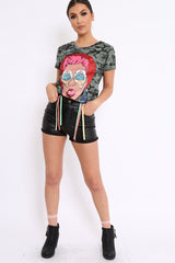 Khaki Camo Crew Neck Girls Face T Shirt with Tassels - Lenna-Tops