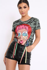 Khaki Camo Crew Neck Girls Face T Shirt with Tassels - Lenna-Tops