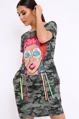Khaki Camo Crew Neck Girls Face T-shirt Dress with Tassels - Sway-Dresses