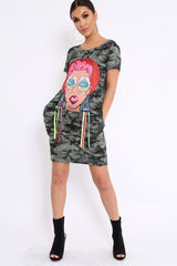 Khaki Camo Crew Neck Girls Face T-shirt Dress with Tassels - Sway-Dresses