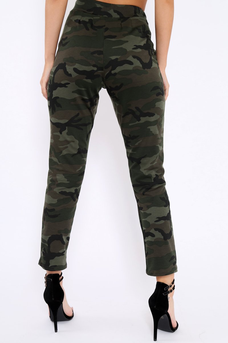 Khaki Camo Print Trousers - Lyza-Trousers