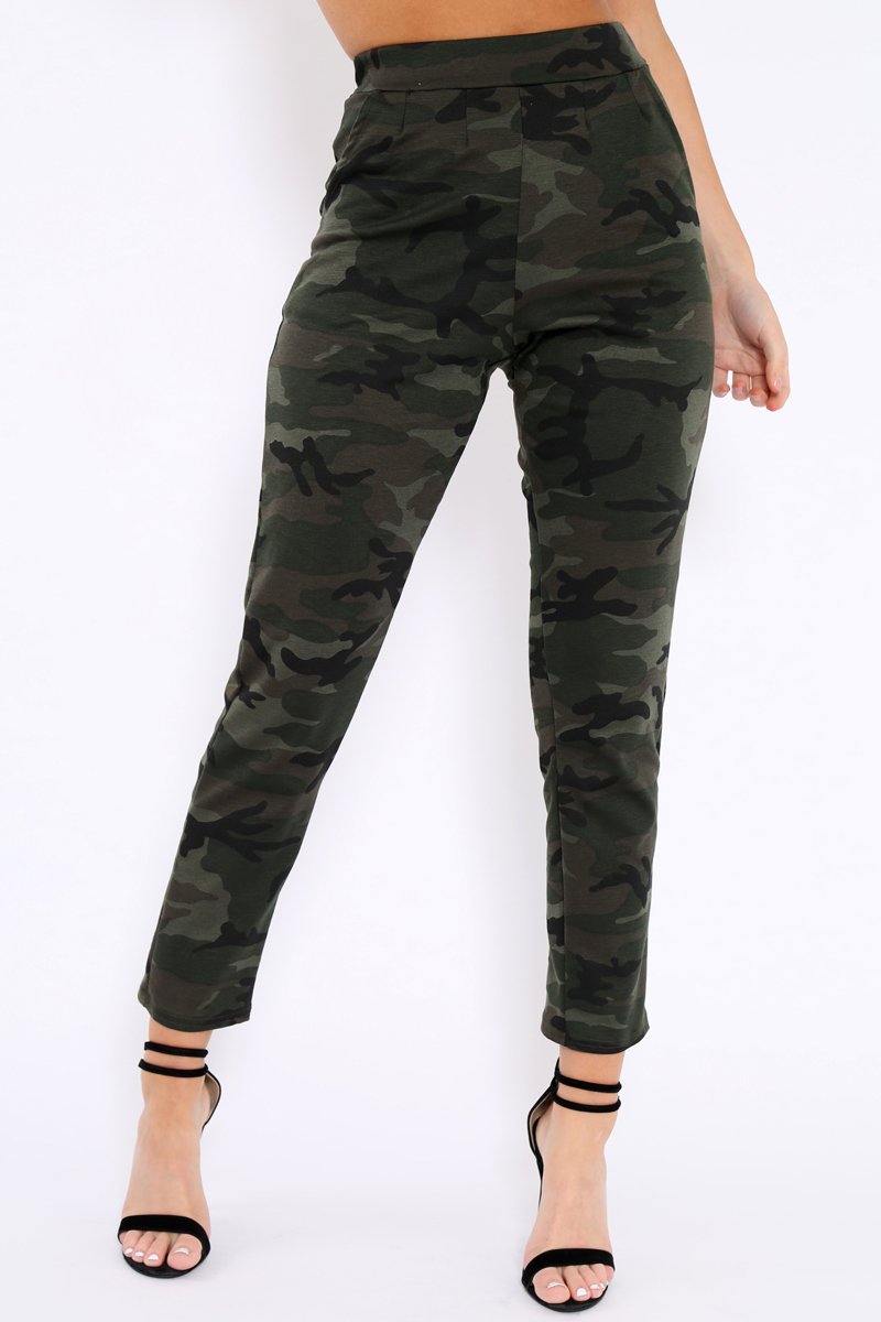 Khaki Camo Print Trousers - Lyza-Trousers