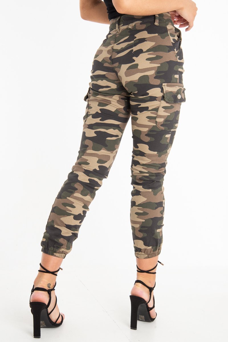 Khaki Camo Print Utility Pocket Cargo Trousers - Kendall-Trousers