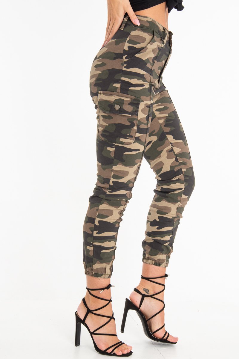 Khaki Camo Print Utility Pocket Cargo Trousers - Kendall-Trousers