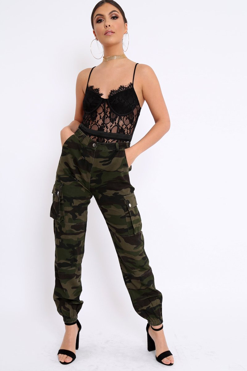 Khaki Camo Printed Cargo Trousers - Vivi-Trousers