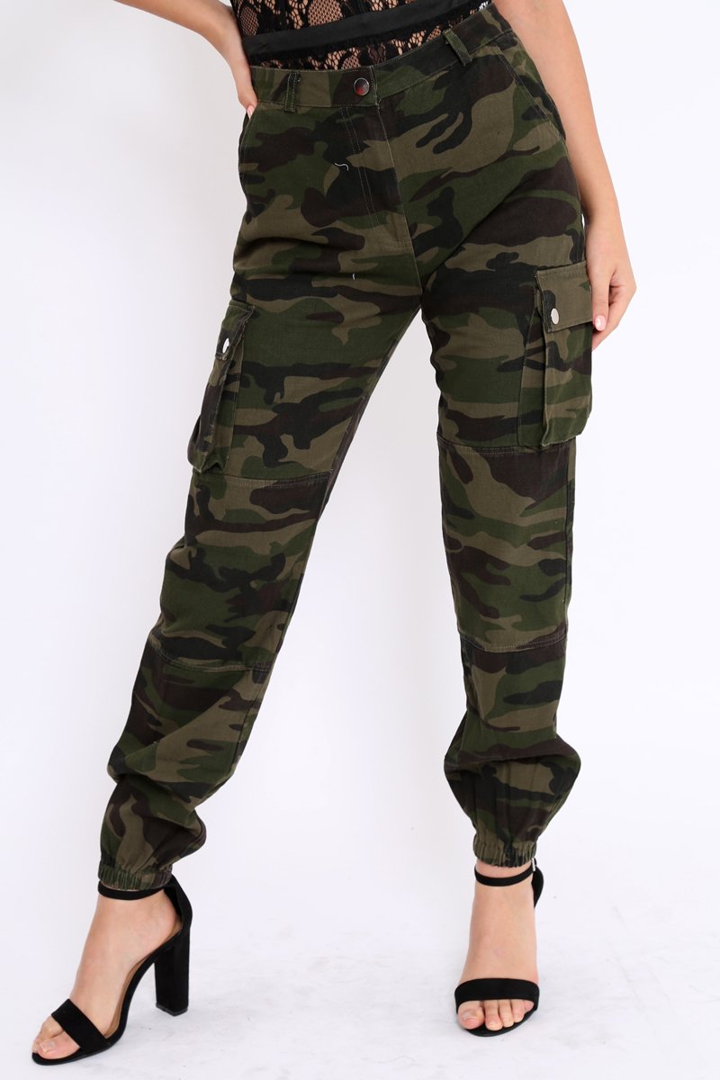 Khaki Camo Printed Cargo Trousers - Vivi-Trousers