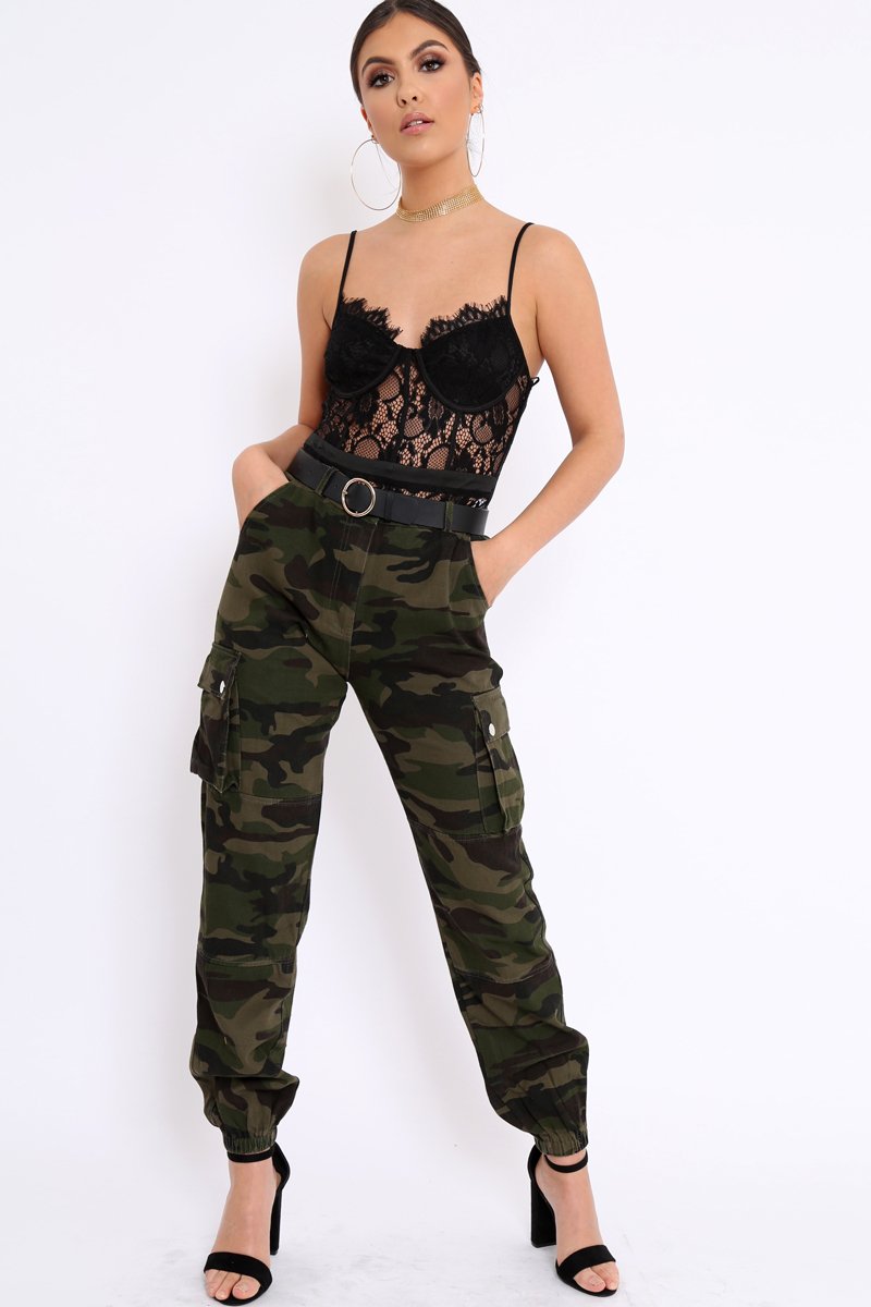 Khaki Camo Printed Cargo Trousers - Vivi-Trousers