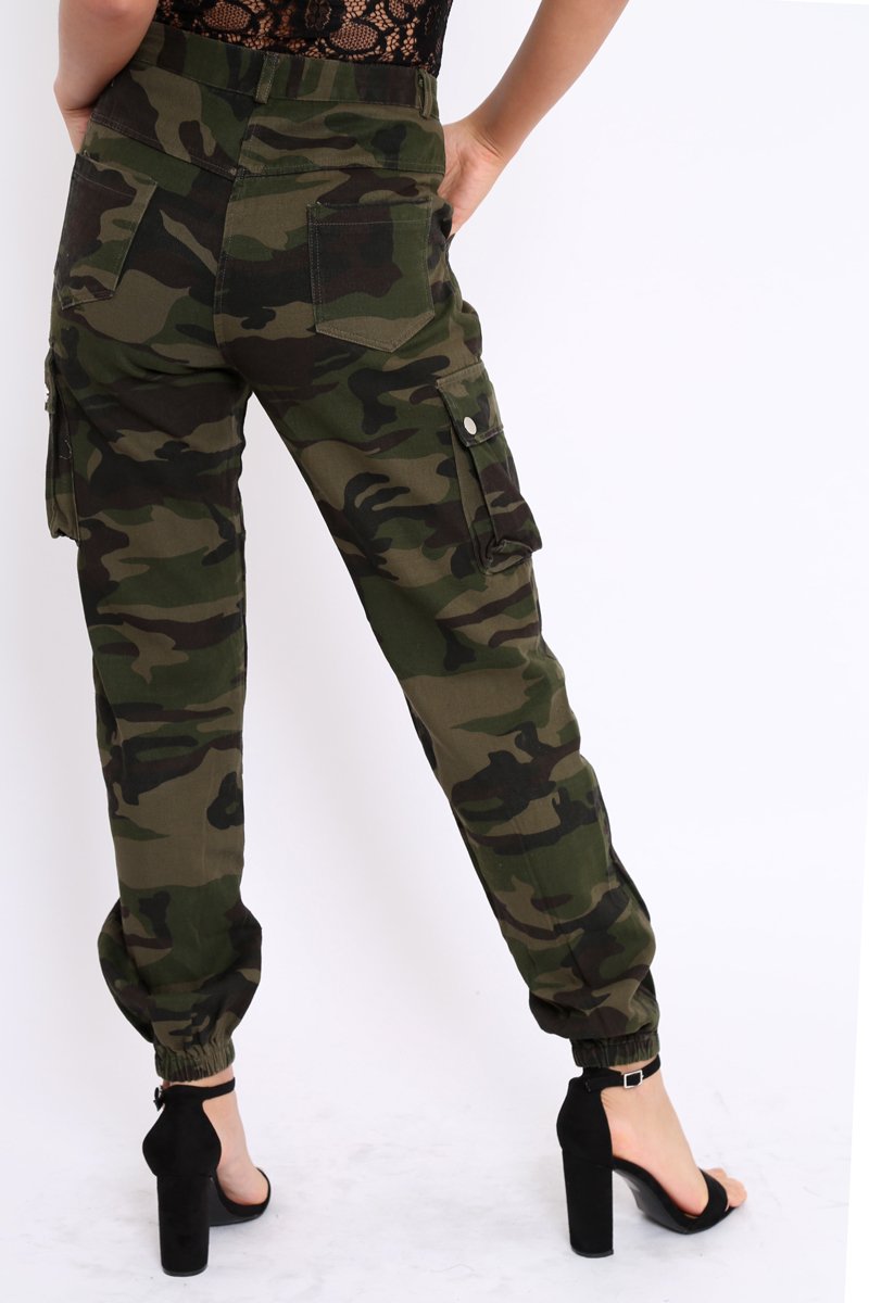 Khaki Camo Printed Cargo Trousers - Vivi-Trousers