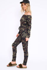 Khaki Camo Rip Knee Jumpsuit - Chyna-Jumpsuits