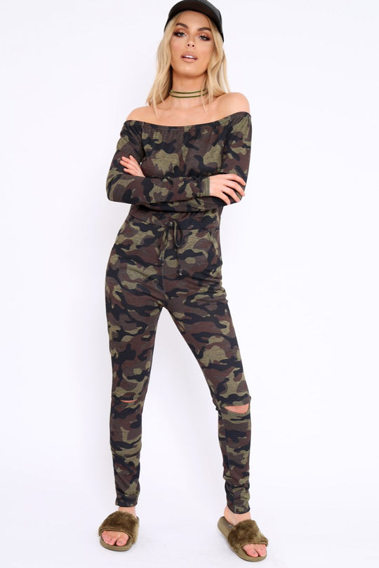 Khaki Camo Rip Knee Jumpsuit - Chyna