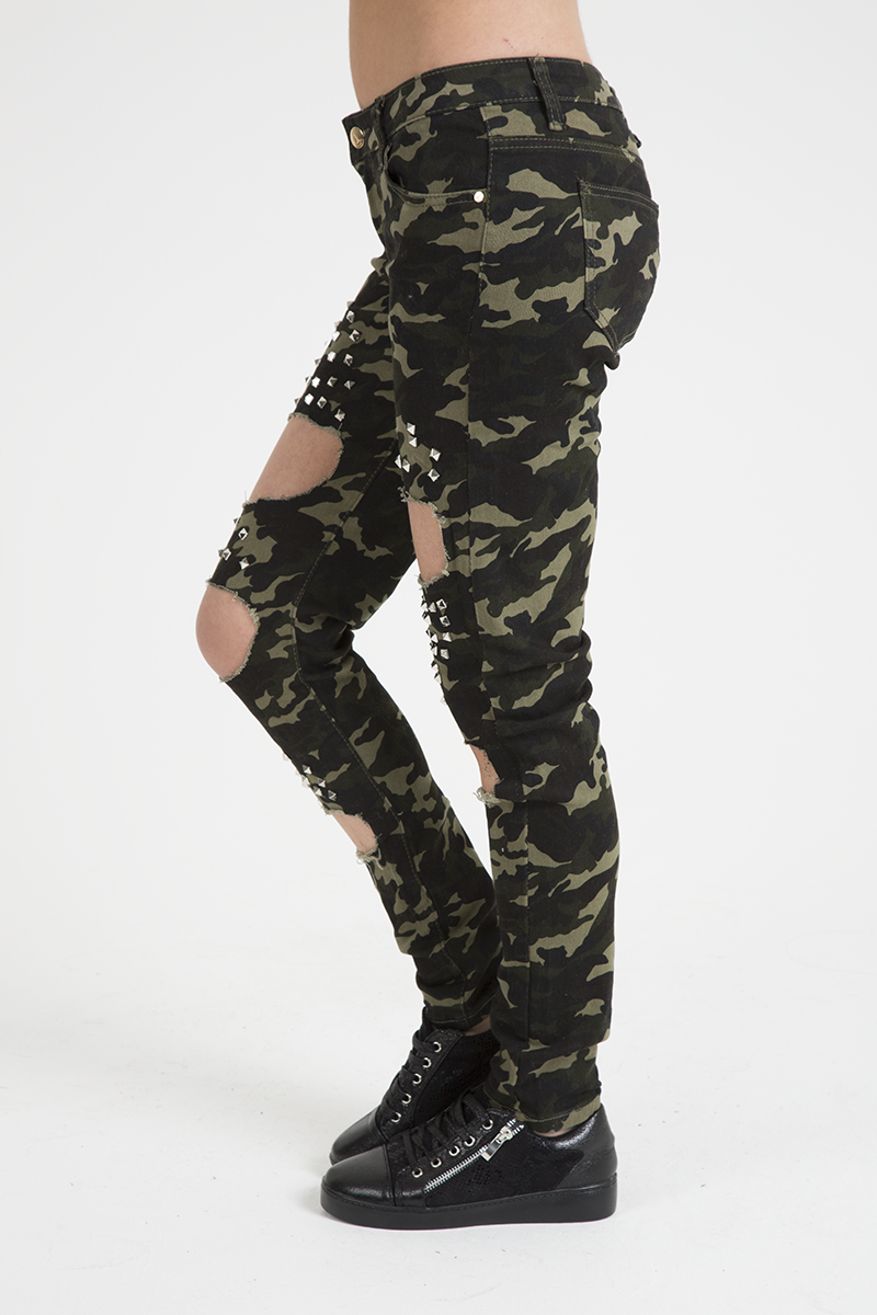 Khaki Camo Studded Ripped Jeans - Christina-Jeans