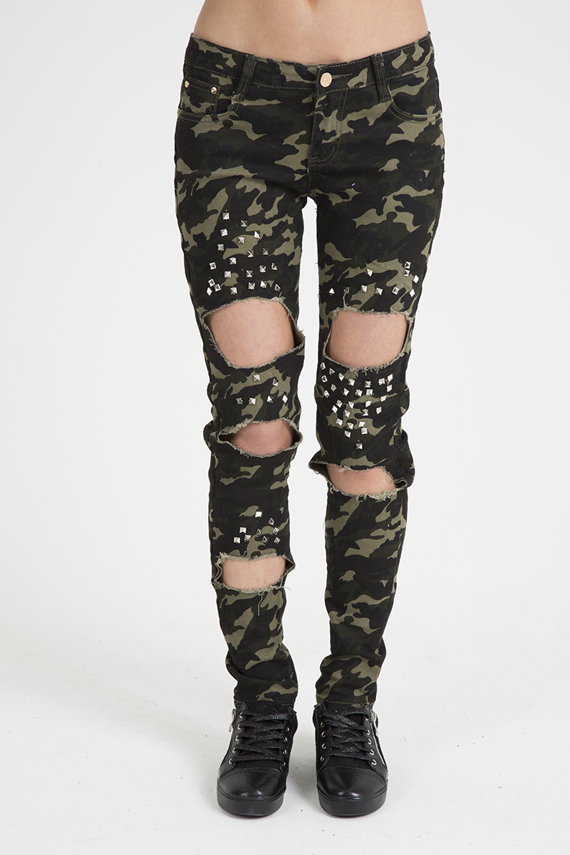 Khaki Camo Studded Ripped Jeans - Christina-Jeans