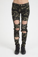Khaki Camo Studded Ripped Jeans - Christina-Jeans